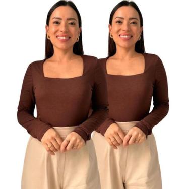 Imagem de Kit 2 Blusas Feminina Decote Quadrado Manga Longa - Maranne, Kit23, P