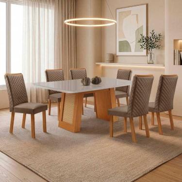 Imagem de Mesa de Jantar Carolina 180cm Tampo MDF e Vidro Canto Copo com 6 Cadei