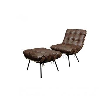 Imagem de Poltrona e Puff Costela Decorativa de Couro Marrom Bicolor Mempra Móveis