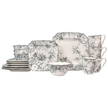 Imagem de 222 Fifth Conjunto de louça de porcelana floral cinza Adelaide com 16 peças | Jogo de jantar seguro para micro-ondas e lava-louças para 4 | Pratos empilháveis e resistentes a lascas | Presente para