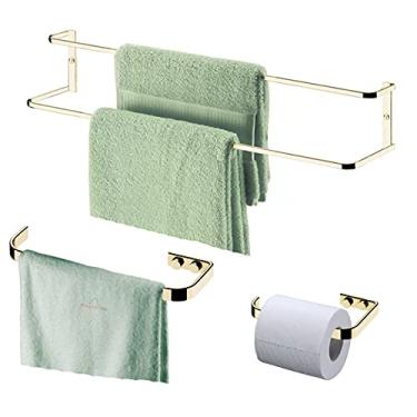Imagem de Kit Banheiro 3 Peças Suporte Toalheiro Porta Toalha Papel Higiênico Parede Dourado - Future