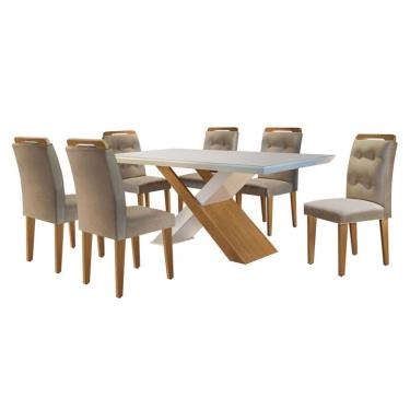 Imagem de Conjunto de Mesa de Jantar com Tampo de Vidro e 6 Cadeiras Alvorada Linho Bege e Imbuia
