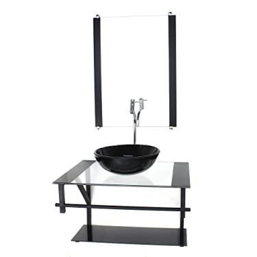 Imagem de GABINETE DE VIDRO PARA BANHEIRO 60CM AP CUBA REDONDA PRETO COM TORNEIRA CROMADA