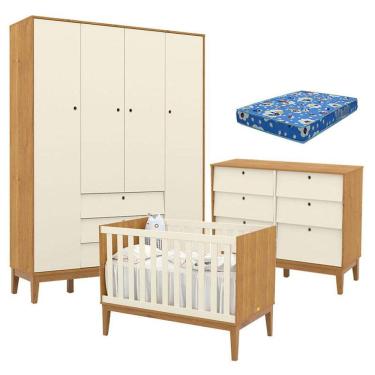 Imagem de Quarto de Bebe Unique 4 Portas com Cômoda 6 Gavetas Freijó Off White Eco Wood e Colchão Ortobom - Matic