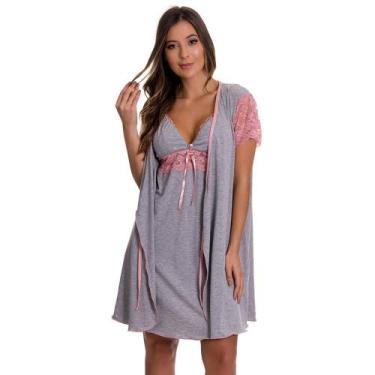 Imagem de Camisola Amamentação Com Robe Gestante Viscolycra Pijama Amamentar Mod