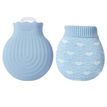 Imagem de Garrafa de água quente com capa de malha macia grande bolsa de água quente clássica livre de BPA para pescoço, dor no ombro e aquecedor de pés de mão, cólicas menstruais, compressa quente e terapia fria, azul 1.550 ml