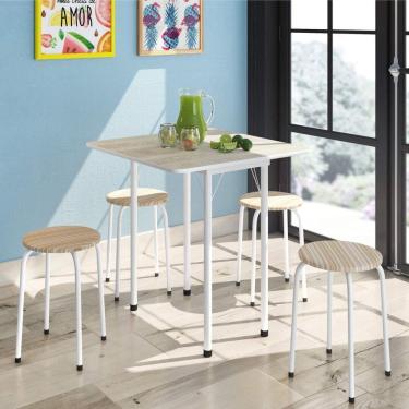 Imagem de Conjunto de Cozinha Mesa Dobrável Asti 100 Narita e 4 Banquetas Redondas Bona Vita Móveis Narita/Listrado