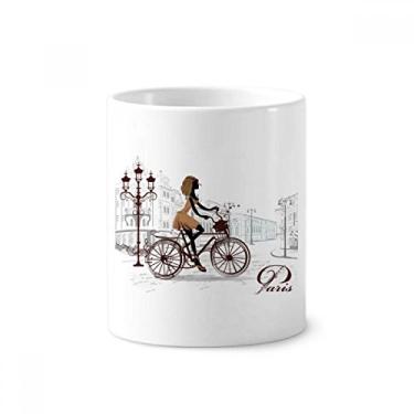 Imagem de Porta-canetas Bicycle Lady France com estampa de ilustração para escova de dentes e suporte de cerâmica