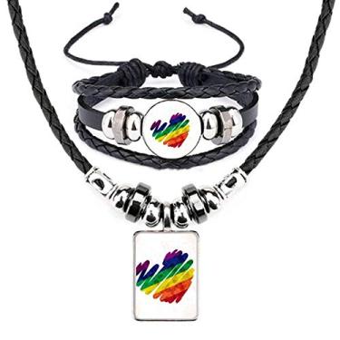Imagem de Colar de pulseira de couro arco-íris LGBT coração com pintura