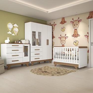 Imagem de Quarto de Bebê Completo com Guarda Roupa 4 Portas, Berço Mini Cama e Cômoda Espresso Móveis Branco Brilho/carvalho