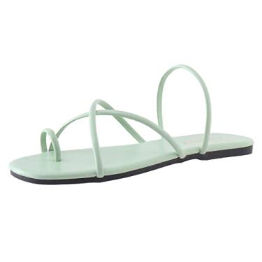 Imagem de Sandálias femininas planas modernas primavera e verão chinelos femininos conjunto de tiras leves dedo do pé cor sólida respirável sapatos de praia (verde, 37)