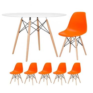 Imagem de Loft7, Kit - Mesa redonda Eames 120 cm branco + 5 cadeiras Eiffel Dsw Laranja