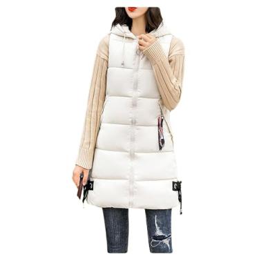 Imagem de Dressnu Colete de jaqueta Gilets modelos femininos de outono e inverno sem mangas com capuz modelos de comprimento médio, Off-white, M