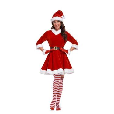 Imagem de VAPICK Mrs Claus Costume for Women 5PCS Plus Size Outfit Chirstmas Adult Velvet Santa Dress with Belt High Socks Hat Gloves (XXX-Large)