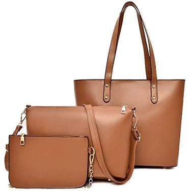 Imagem de BYKOINE Bolsa feminina de couro PU simples bolsa de ombro feminina bolsa mensageiro bolsa de mão conjunto de 3 peças