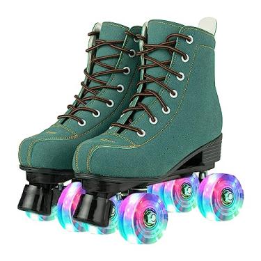 Imagem de Tmore Patins para mulheres e homens, skate clássico de duas fileiras com quatro rodas iluminadas de couro de camurça premium para ambientes externos e internos para adultos e adolescentes (roda verde