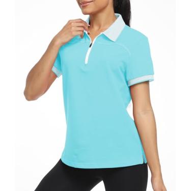 Imagem de Little Beauty Camisa polo feminina de golfe com zíper de manga curta atlética com absorção de umidade e gola polo com zíper, Azul (azul azul), GG