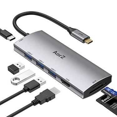 Imagem de Hub USB C, hub USB para HDMI multiportas Aorz USB C, adaptador 7 em 1 com saída HDMI 4K, 3 portas USB 3.0, leitor de cartão SD/Micro SD, 100W PD, compatível com MacBook Pro Air, HP XPS e mais