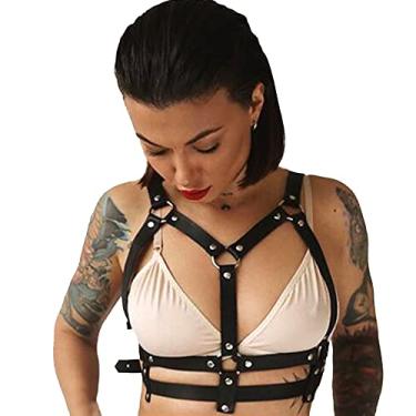Imagem de Wiwpar Peitoral de couro preto punk cinto de cintura cinto rave boate sexy sutiã de barriga acessório de joias para mulheres e meninas