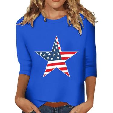 Imagem de 4th of July Camisetas femininas 4th of July Shirts Star Stripes 3/4 manga bandeira americana blusas soltas casuais, Azul #2, G