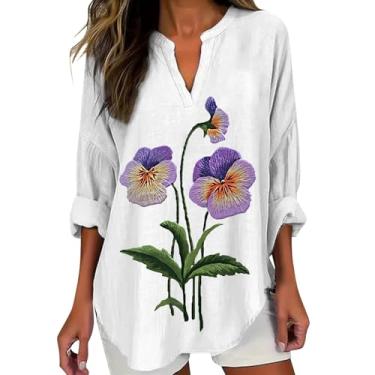 Imagem de Nagub Camisetas femininas de conscientização sobre Alzheimer, roxa, floral, linho, túnica, manga comprida, gola V, camiseta casual, Branco 6, XXG