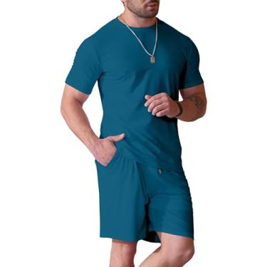 Imagem de Uni Clau Conjunto de 2 peças de short masculino de verão e camisa casual de manga curta, Jeans azul, GG