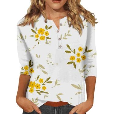 Imagem de Camisetas femininas com gola V e manga 3/4, casuais, básicas, de verão, estampa floral, botões, solta, túnica, #03 - Branco, M