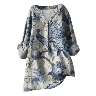 Imagem de Camiseta feminina de linho, gola V, botões, floral, estampada, folgada, manga comprida, blusas casuais elegantes, Azul, M