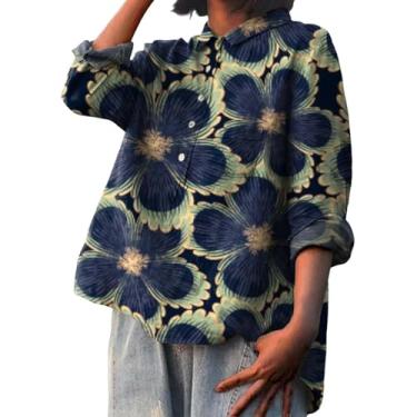Imagem de Camiseta feminina de linho estampada com estampa de flores e gola de lapela e manga comprida solta, Azul escuro, M