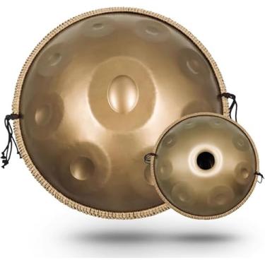 Imagem de Conjuntos de tambores handpan D menor 17 notas Tambor de mão de aço de 22 polegadas com bolsa de mão macia, 2 martelos de handpan, suporte de handpan, ouro, 22 polegadas 17 notas
