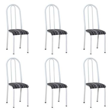 Imagem de Kit 6 Cadeiras De Cozinha Flórida Estampado Preto Listrado Pés De Ferro Branco
