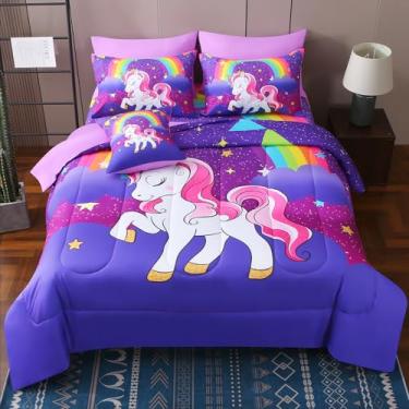 Imagem de JQinHome Jogo de cama solteiro de unicórnio para meninas e crianças, 6 peças em uma bolsa, 3D, tema arco-íris roxo, conjunto de edredom de unicórnio com jogo de cama (arco-íris)