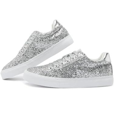 Imagem de Jeekopeg Tênis moderno brilhante com glitter, sapatos casuais brilhantes com lantejoulas, concerto, corte baixo, cadarço, Glitter prateado, 34/35 BR
