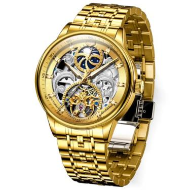 Imagem de OLEVS Relógio esqueleto masculino luxuoso couro preto prata ouro turbilhão fase da lua automáticos mecânicos automáticos relógios de pulso luminosos à prova d'água, Dourado, relógio social