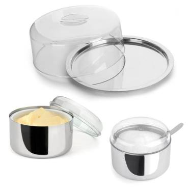 Imagem de Conjunto Inox Açucareiro Manteigueira Boleira 24 cm 3pc Multiuso Kit C