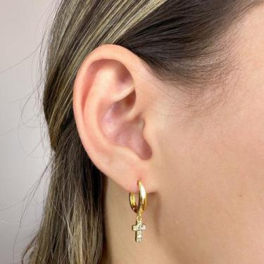 Imagem de Brinco Estilo Gota com Pingente Cruz Cravejado Banhado em Ouro 18k - A