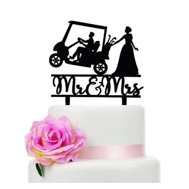 Imagem de Topo de bolo de casamento Mr and Mrs - Topo de bolo de casamento com tema de golfe engraçado para casamento/aniversário/chá de panela, topo de bolo de casamento engraçado (carrinho de golfe)