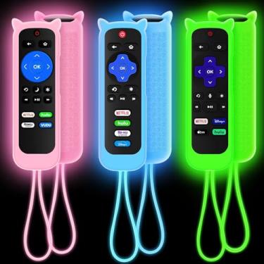 Imagem de Pacote com 3 capas para controle remoto Roku, capa para Hisense/TCL Roku TV Steaming Stick/Express, capa protetora de silicone, capa de substituição universal que brilha no escuro, verde, azul, rosa