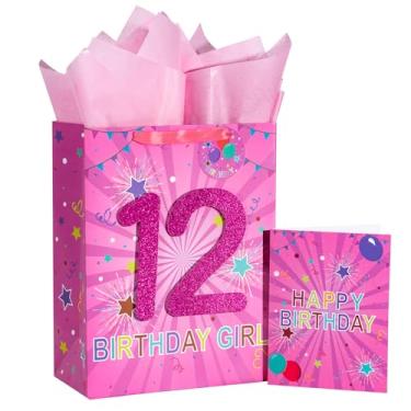 Imagem de Loveinside Bolsa de presente rosa de aniversário com papel de seda, etiqueta de presente e cartão comemorativo para aniversário de 12 anos, festa, chá de bebê e mais - 25,4 cm x 12,7 cm x 33 cm, 1