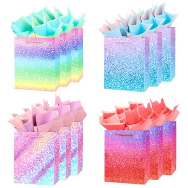 Imagem de ZJHiome 12 peças de sacos de presente de tamanho médio com papel de seda arco-íris glitter sacos de papel com alças para compras, aniversário, casamento, chá de bebê, festa de Natal