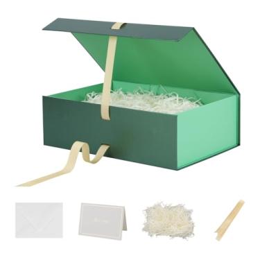 Imagem de Skivra Caixa de presente verde grande com fita - 1 pacote, caixa de presente retangular dobrável de 33 x 23 x 10 cm para presentes com fecho magnético e enchimento de papel picado e cartão