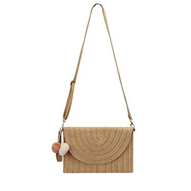 Imagem de Van Caro Bolsa de ombro feita à mão de palha de algodão com borlas de crochê para mulheres, Marrom claro 3888, One Size