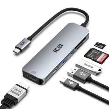 Imagem de Hub USB-C 4K 60Hz HDMI, ICZI 6 em 1 USB C para HDMI USB C adaptador com HDMI, 2 portas USB 3.0, leitor de cartão SD/TF, hub USB USB-C PD 100W para Mac/MacBook Pro/Air Laptops e mais