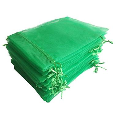 Imagem de 100 peças de sacos de presente verdes de 12,7 x 17,7 cm, tecido transparente de organza, sacos de presente elegantes com cordão para lembrancinhas de chá de bebê, doces, lembrancinhas de Natal, embalagem de amostras, decoração de embalagem, sabonete artesanal, mercadoria, maquiagem