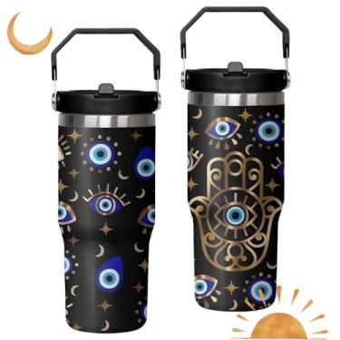 Imagem de Copo de olho turco de 850 g com alça e canudo dobrável, copo isolado de aço inoxidável com olhos turcos, caneca de café de viagem, garrafa de água, presentes de aniversário para mulheres e homens