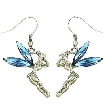 Imagem de Brincos de sininho de cristal bonitos em tom de prata com asas de cristal de strass azul com uma caixa de presente