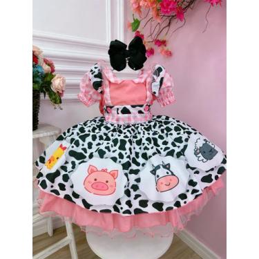 Imagem de Vestido Infantil Fazendinha Vaquinha Xadrez Branco e Goiaba - d-luxe, 