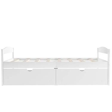 Imagem de SPOFLYINN Cama de solteiro com plataforma sólida de madeira de pinheiro com 2 gavetas de armazenamento para quarto de meninos e meninas, sem necessidade de caixa de mola (capacidade de peso 113 kg)