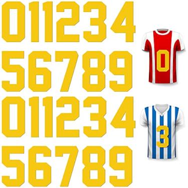 Imagem de 22 peças de camiseta com números de transferência de calor números 0 a 9 números de jérsei macio flocado com números para uniforme de equipe, esportes, futebol, basquete, beisebol (20 cm, amarelo)
