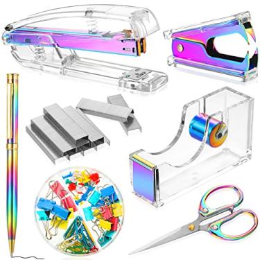 Imagem de Conjunto de materiais de escritório, kit de acessórios de mesa, conjunto de grampeador de acrílico, removedor de grampos, dispensador de fita, clipes de fichário, clipes de papel, caneta esferográfica e tesoura com 1000 peças de grampos 26/6 (cor arco-íris)